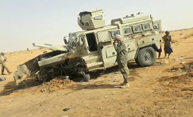 This photo released the Azaward Liberation Front (FLA) shows what they say is the aftermath of an attack by FLA separatist and jihadist militants in Gao, northern Mali Saturday, July 18, 2026, (Azaward Liberation Front via AP)