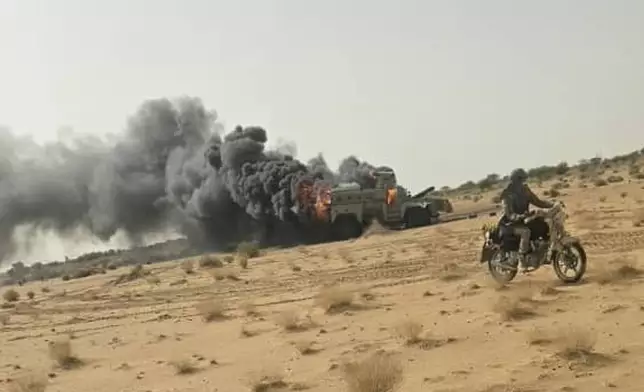 This photo released the Azaward Liberation Front (FLA) shows what they say is the aftermath of an attack by FLA separatist and jihadist militants in Gao, northern Mali Saturday, July 18, 2026, (Azaward Liberation Front via AP)
