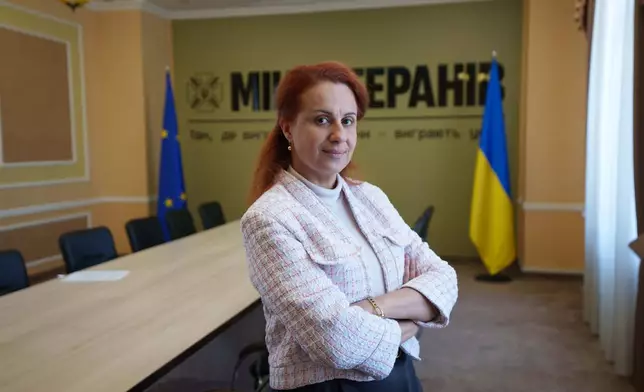 Natalia Kalmykova, Ukraine's Veterans Affairs Minister poses for a photo at her office in Kyiv, Ukraine, Wednesday, June 17, 2026. (AP Photo/Evgeniy Maloletka)