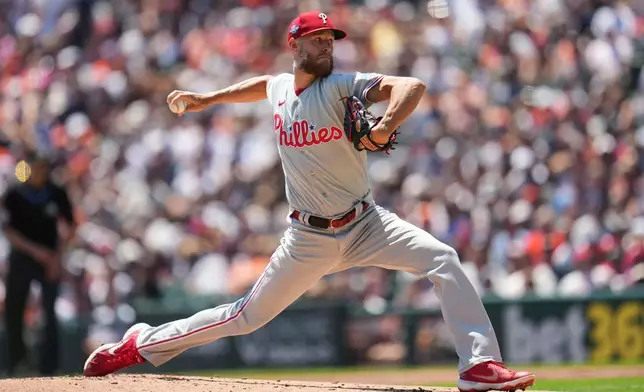 Philadelphia Phillies pitcher Zack Wheeler throws against the Detroit Tigers during the first inning Sunday, July 12, 2026, in Detroit. (AP Photo/Paul Sancya)