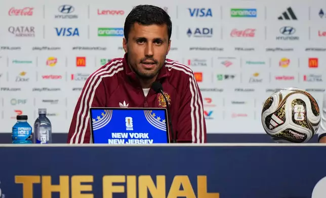 Spain's Rodri speaks during a news conference ahead of the World Cup final soccer match between Spain and Argentina in New York, Friday, July 17, 2026. (AP Photo/Stephanie Scarbrough)