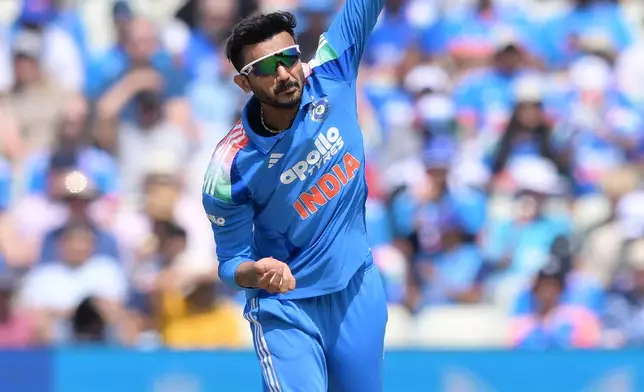 India's Axar Patel bowls during the first ODI cricket match between England and India in Birmingham, England, Tuesday, July 14, 2026. (Gary Oakley/PA via AP)