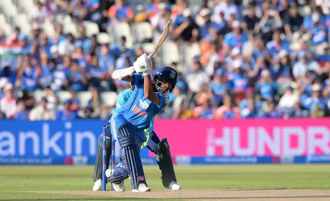 India's Washington Sundar hits a six during the first ODI cricket match between England and India in Birmingham, England, Tuesday, July 14, 2026. (Gary Oakley/PA via AP)