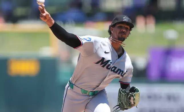 Miami Marlins pitcher Eury Pérez throws to an Athletics batter during the first inning of a baseball game Sunday, July 5, 2026, in West Sacramento, Calif. (AP Photo/Scott Marshall)