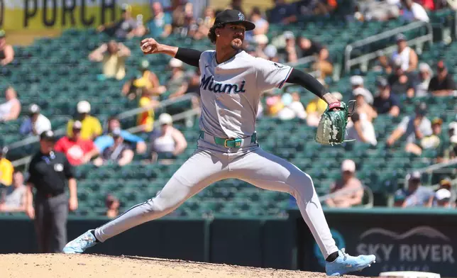 Miami Marlins pitcher Eury Pérez throws to an Athletics batter during the sixth inning of a baseball game Sunday, July 5, 2026, in West Sacramento, Calif. (AP Photo/Scott Marshall)