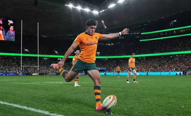 Australia's Ben Donaldson takes a shot at goal during the Nations Championship rugby international between Australia and Ireland in Sydney, Saturday, July 4, 2026. (AP Photo/Mark Baker)