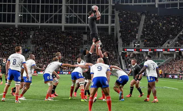 New Zealand's Josh Lord wins a lineout during the Nations Championship rugby international between the All Blacks and France in Christchurch New Zealand, Saturday, July 4, 2026. (John Davidson/Photosport via AP)