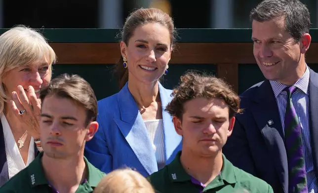 Britain's Kate, the Princess of Wales, watches the second round men's singles match between Otto Virtanen of Finland and Arthur Fery of Britain at the Wimbledon Tennis Championships in London, Thursday, July 2, 2026.(AP Photo/Kin Cheung)