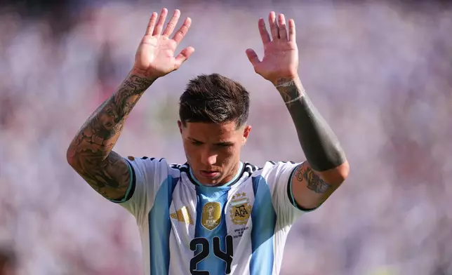 Argentina's Enzo Fernandez leaves the match after receiving a red card during the World Cup final soccer match between Spain and Argentina in East Rutherford, N.J., near New York, Sunday, July 19, 2026. (AP Photo/Abbie Parr)