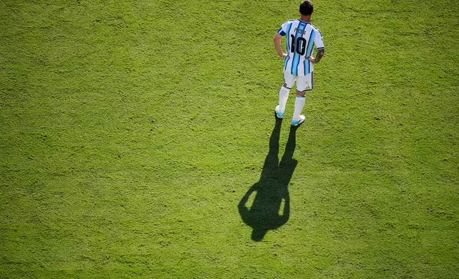 Argentina's Lionel Messi (10) casts a shadow during the World Cup final soccer match between Spain and Argentina in East Rutherford, N.J., near New York, Sunday, July 19, 2026. (AP Photo/Matt Slocum)