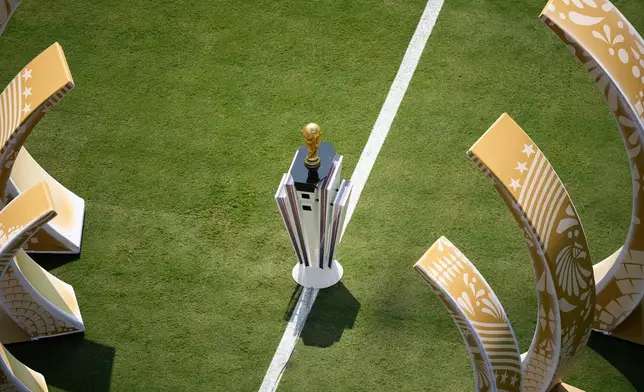 The trophy is displayed before the World Cup final soccer match between Spain and Argentina in East Rutherford, N.J., near New York, Sunday, July 19, 2026. (AP Photo/Matt Slocum)