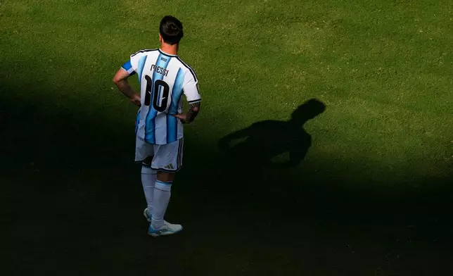 Argentina's Lionel Messi (10) during the World Cup final soccer match between Spain and Argentina in East Rutherford, N.J., near New York, Sunday, July 19, 2026. (AP Photo/Seth Wenig)