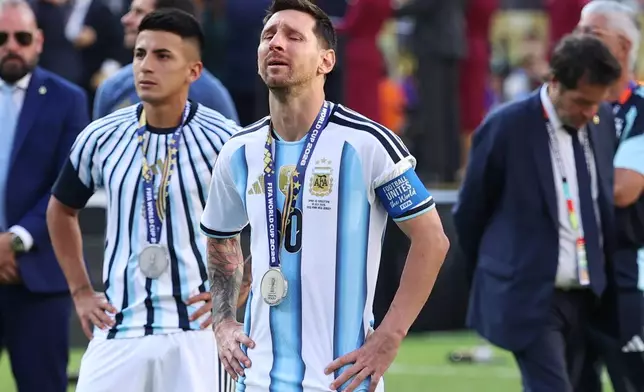Argentina's Lionel Messi (10) reacts after losing to Spain in the World Cup final soccer match between Spain and Argentina in East Rutherford, N.J., near New York, Sunday, July 19, 2026. (AP Photo/Pamela Smith)