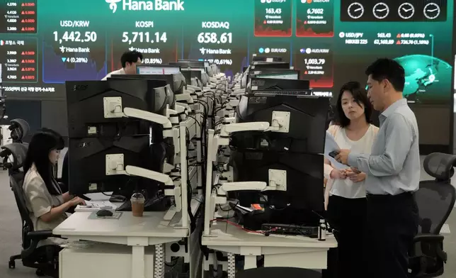 Currency traders work at the foreign exchange dealing room of the Hana Bank headquarters in Seoul, South Korea, Thursday, July 30, 2026. (AP Photo/Ahn Young-joon)