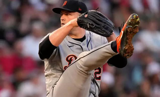 Detroit Tigers starting pitcher Tarik Skubal throws to the plate during the second inning of a baseball game against the Los Angeles Angels, Saturday, July 18, 2026, in Anaheim, Calif. (AP Photo/Mark J. Terrill)