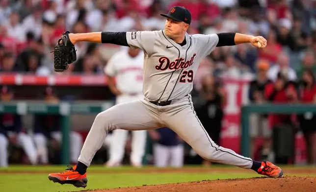 Detroit Tigers starting pitcher Tarik Skubal throws to the plate during the second inning of a baseball game against the Los Angeles Angels, Saturday, July 18, 2026, in Anaheim, Calif. (AP Photo/Mark J. Terrill)