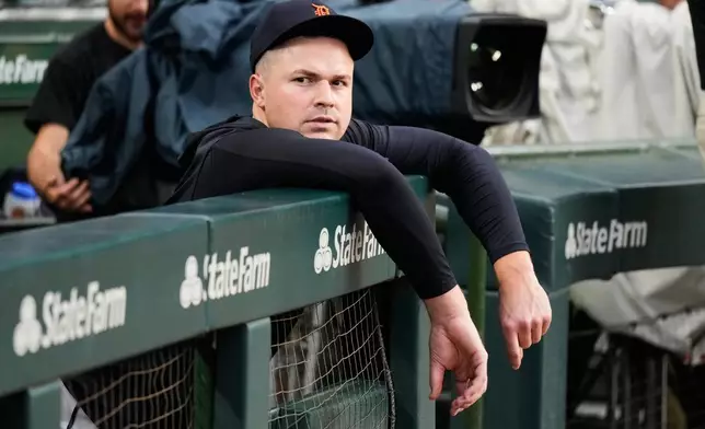 Detroit Tigers pitcher Tarik Skubal looks to the field before a baseball game against the Chicago Cubs in Chicago, Monday, July 20, 2026. (AP Photo/Nam Y. Huh)