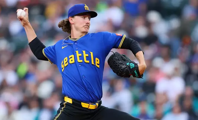 Seattle Mariners pitcher Bryce Miller delivers in the first inning of a baseball game against the Los Angeles Angels, Thursday, July 2, 2026, in Seattle. (AP Photo/Kevin Ng)