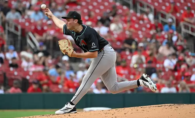 Arizona Diamondbacks starting pitcher Brandon Pfaadt throws in the first inning of a baseball game against the St. Louis Cardinals, Thursday, July 23, 2026, in St. Louis. (AP Photo/Joe Puetz)