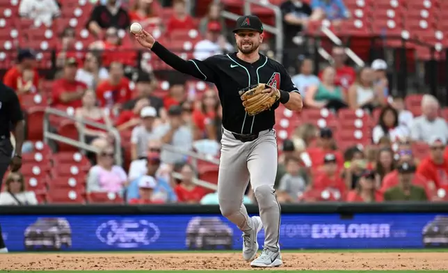 Arizona Diamondbacks third baseman Tim Tawa throws out St. Louis Cardinals' Jordan Walker at first base in the fifth inning of a baseball game, Thursday, July 23, 2026, in St. Louis. (AP Photo/Joe Puetz)