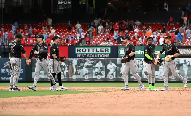 The Arizona Diamondbacks celebrate after defeating the St. Louis Cardinals after a baseball game, Thursday, July 23, 2026, in St. Louis. (AP Photo/Joe Puetz)