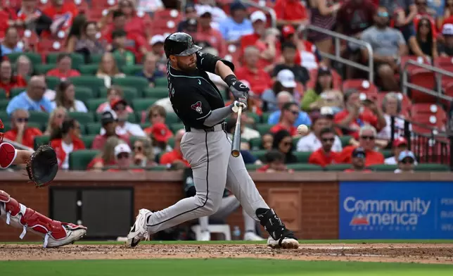 Arizona Diamondbacks' Tyler Locklear hits a two-run home run in the fourth inning of a baseball game against the St. Louis Cardinals, Thursday, July 23, 2026, in St. Louis. (AP Photo/Joe Puetz)