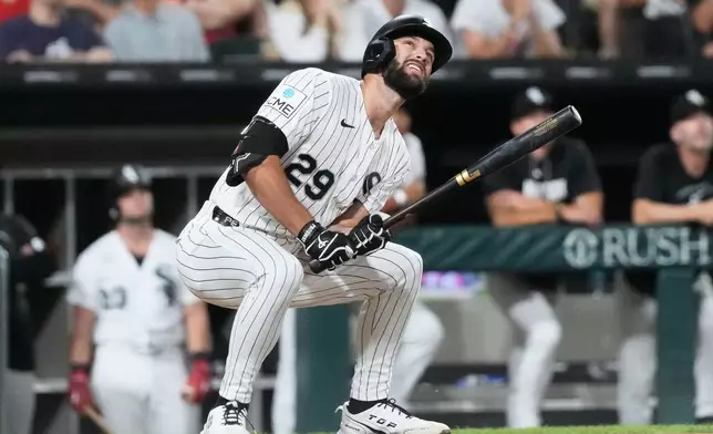 Chicago White Sox's Tristan Peters reacts after hitting a foul ball during the seventh inning of a baseball game against the Boston Red Sox in Chicago, Tuesday, July 7, 2026. (AP Photo/Nam Y. Huh)