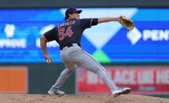 Cleveland Guardians starting pitcher Joey Cantillo delivers during the second inning of a baseball game against the Minnesota Twins, Tuesday, July 7, 2026, in Minneapolis. (AP Photo/Bailey Hillesheim)