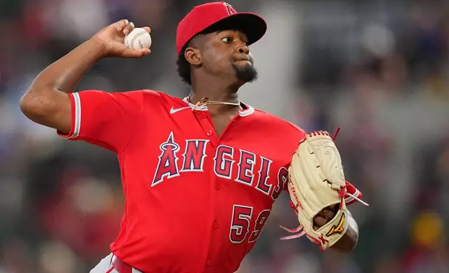 Los Angeles Angels starting pitcher JosÈ Soriano throws to the Texas Rangers during the first inning of a baseball game, Tuesday, July 7, 2026, in Arlington, Texas. (AP Photo/Julio Cortez)