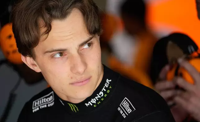 McLaren driver Oscar Piastri of Australia concentrates during the third free practice ahead of Sunday's Formula One Hungarian Grand Prix auto race, at the Hungaroring racetrack in Mogyorod, near Budapest, Hungary, Saturday, July 25, 2026. (AP Photo/Darko Bandic)