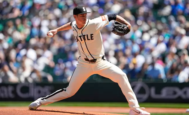 Seattle Mariners starting pitcher Emerson Hancock throws against the Toronto Blue Jays during the first inning of a baseball game, Sunday, July 5, 2026, in Seattle. (AP Photo/Lindsey Wasson)
