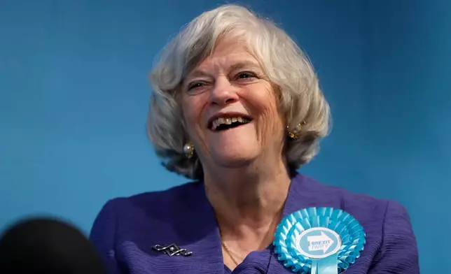 FILE -Ann Widdecombe, Brexit Party member, is interviewed after Nigel Farage, Leader of Britain's Brexit Party, spoke on stage at the launch of their policies for the General Election campaign, in London, Nov. 22, 2019. (AP Photo/Kirsty Wigglesworth, File)