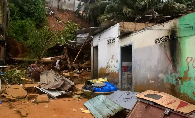 A house damaged by landslides in an informal settlement of Attecoube, in Abidjan, Ivory Coast, Tuesday, June 30, 2026. (AP/Photo Diomande Ble Blonde)