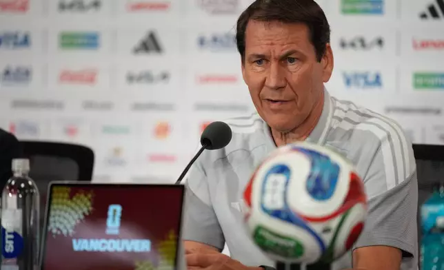 Belgium head coach Rudi Garcia talks during a news conference on the eve of the team's World Cup soccer match against New Zealand, Thursday, June 25, 2026 in Vancouver, British Columbia. (AP Photo/Abbie Parr)