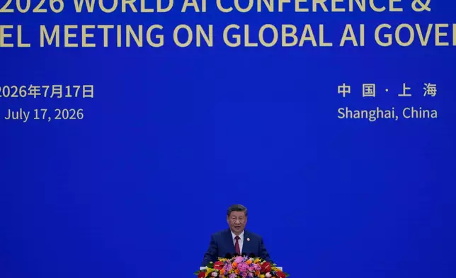 Chiense President Xi Jinping speaks during a meeting on global AI governance held on the sidelines of the World AI Conference in Shanghai, China on July 17, 2026. (AP Photo/Ng Han Guan)