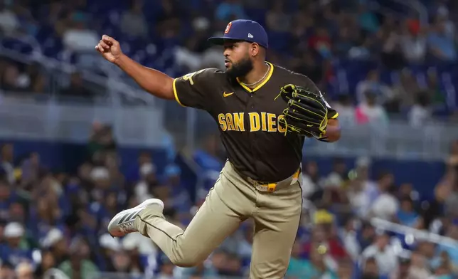 San Diego Padres starting pitcher Randy Vásquez delivers during the second inning of a baseball game against the Miami Marlins, Saturday, July 25, 2026, in Miami. (AP Photo/David Santiago)