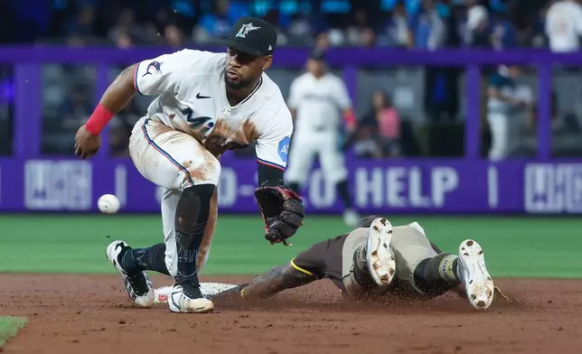 Miami Marlins shortstop Otto Lopez, left, waits for the throw as San Diego Padres' Luis Rengifo, right, steals second base during the second inning of a baseball game, Saturday, July 25, 2026, in Miami. (AP Photo/David Santiago)