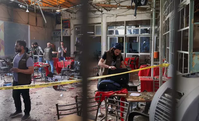 Syrian security inspects the site after an explosive device was detonated in a cafe near the main courthouse complex, in Damascus, Syria, Thursday, July 2, 2026 (AP Photo/Ghaith Alsayed)