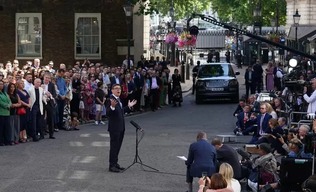 Britain's new Prime Minister Andy Burnham speaks to staff and media at 10 Downing Street in London, Monday, July 20, 2026.(AP Photo/Alberto Pezzali)