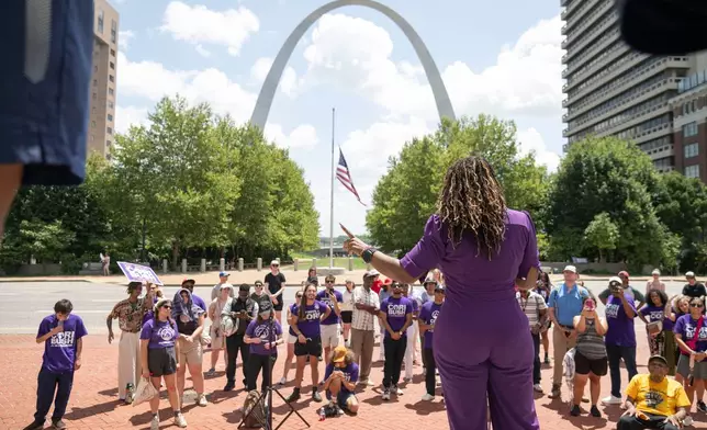 Former Rep. Cori Bush, D-Mo., speaks during a campaign rally on Saturday, July 18, 2026, in St. Louis. (AP Photo/Michael Thomas)
