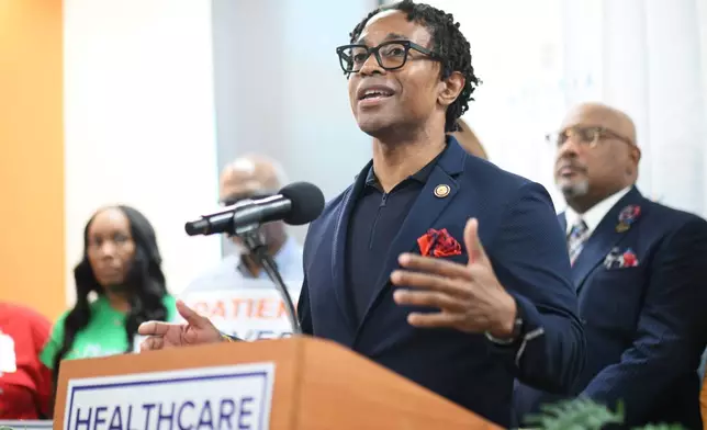U.S. Rep. Wesley Bell, D-Mo., speaks at a healthcare rally hosted by Congressman Bell and Affinia Healthcare on Friday, July 24, 2026 in Ferguson, Mo. (AP Photo/Michael Thomas)