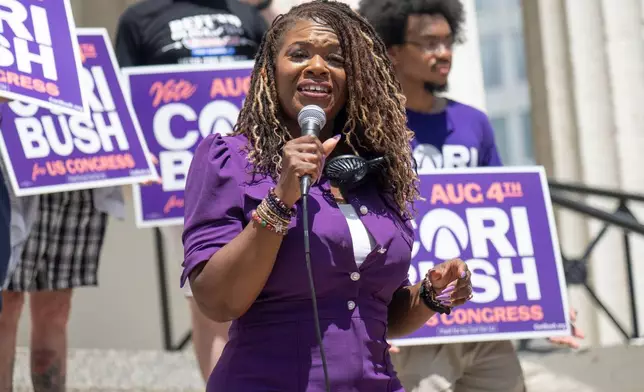 Former Rep. Cori Bush, D-Mo., speaks during a campaign rally on Saturday, July 18, 2026, in St. Louis. (AP Photo/Michael Thomas)