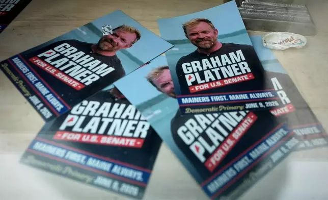 Campaign flyers for former Democratic candidate for U.S. Senate Graham Platner are seen at his headquarters Thursday, July 9, 2026, in Ellsworth, Maine. (AP Photo/Robert F. Bukaty)