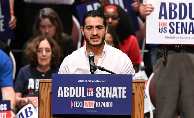 Michigan Democratic U.S. Senate primary candidate Abdul El-Sayed addresses the crowd during a campaign rally, Saturday, July 18, 2026, in Detroit. (AP Photo/Jose Juarez)