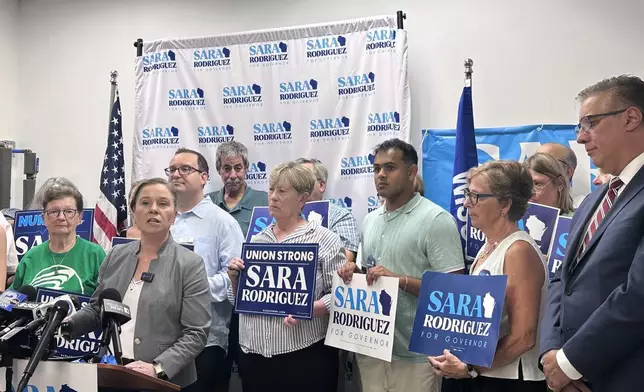 Democratic candidate for Wisconsin governor Sara Rodriguez speaks to supporters, Monday, July 13, 2026, in Madison, Wis. (AP Photo/Scott Bauer)