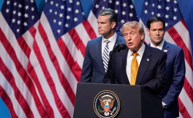 President Donald Trump speaks during a media conference, flanked by U.S. Defense Secretary Pete Hegseth and U.S. Secretary of State Marco Rubio, at the NATO summit in Ankara, Turkey, Wednesday, July 8, 2026. (AP Photo/ Emrah Gurel)