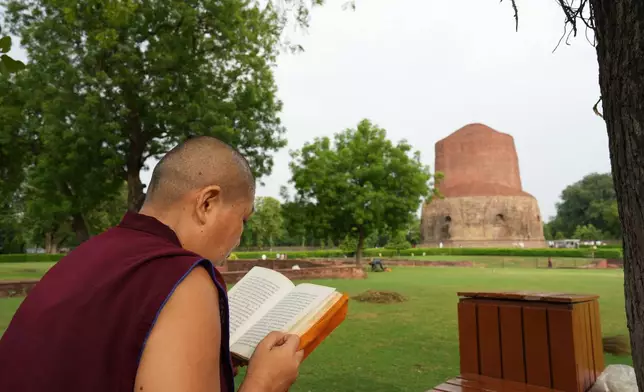 A Buddhist devout reads in front of Dhamek Stupa in the ancient Buddhist site of Sarnath, India, Saturday, July 18, 2026. (AP Photo/Rajesh Kumar Singh)