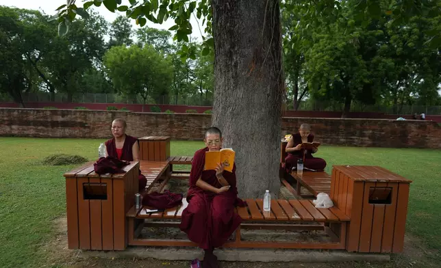 Devout Buddhists pray outside Dhamek Stupa in the ancient Buddhist site of Sarnath, India, Saturday, July 18, 2026. (AP Photo/Rajesh Kumar Singh)