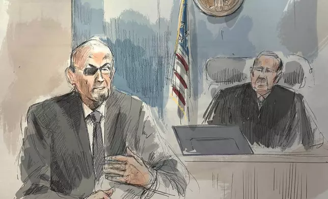 In this courtroom sketch, Salman Rushdie, left, testifies in federal court during the terrorism trial for Hadi Matar, Rushdie's alleged attacker, Thursday, July 23, 2026, in Buffalo, N.Y. (Alexandra Newbould via AP)