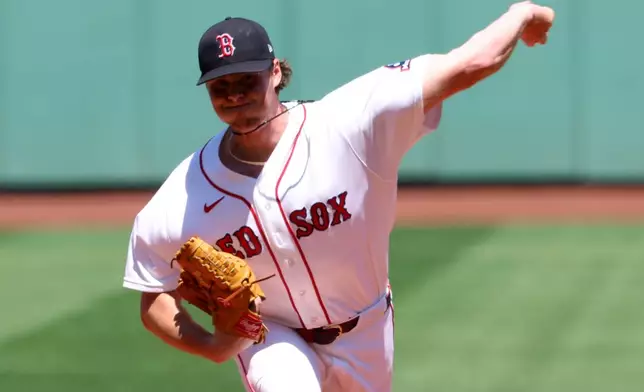 Boston Red Sox pitcher Jake Bennett throws during the first inning of the first baseball game of a doubleheader against the Tampa Bay Rays, Friday, July 17, 2026, in Boston. (AP Photo/Mark Stockwell)